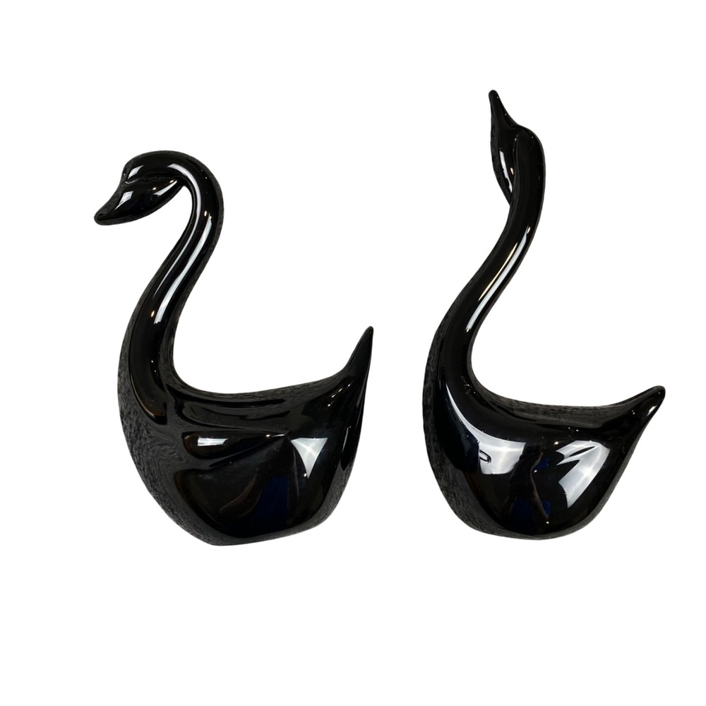 Vintage Crowning Touch Black Glass Swan Figurines Pair Taiwan ROC 1980s Decor